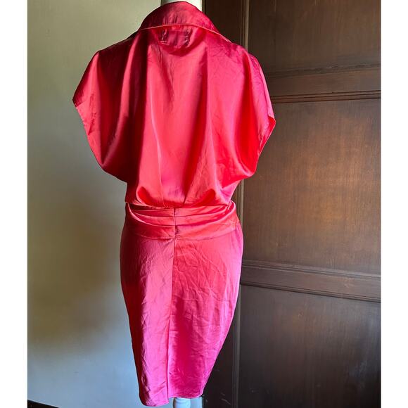 DO + BE | Pink Satin Tie Waist Short Sleeve Shirt Party Dress Draped Mini Medium - Picture 6 of 8